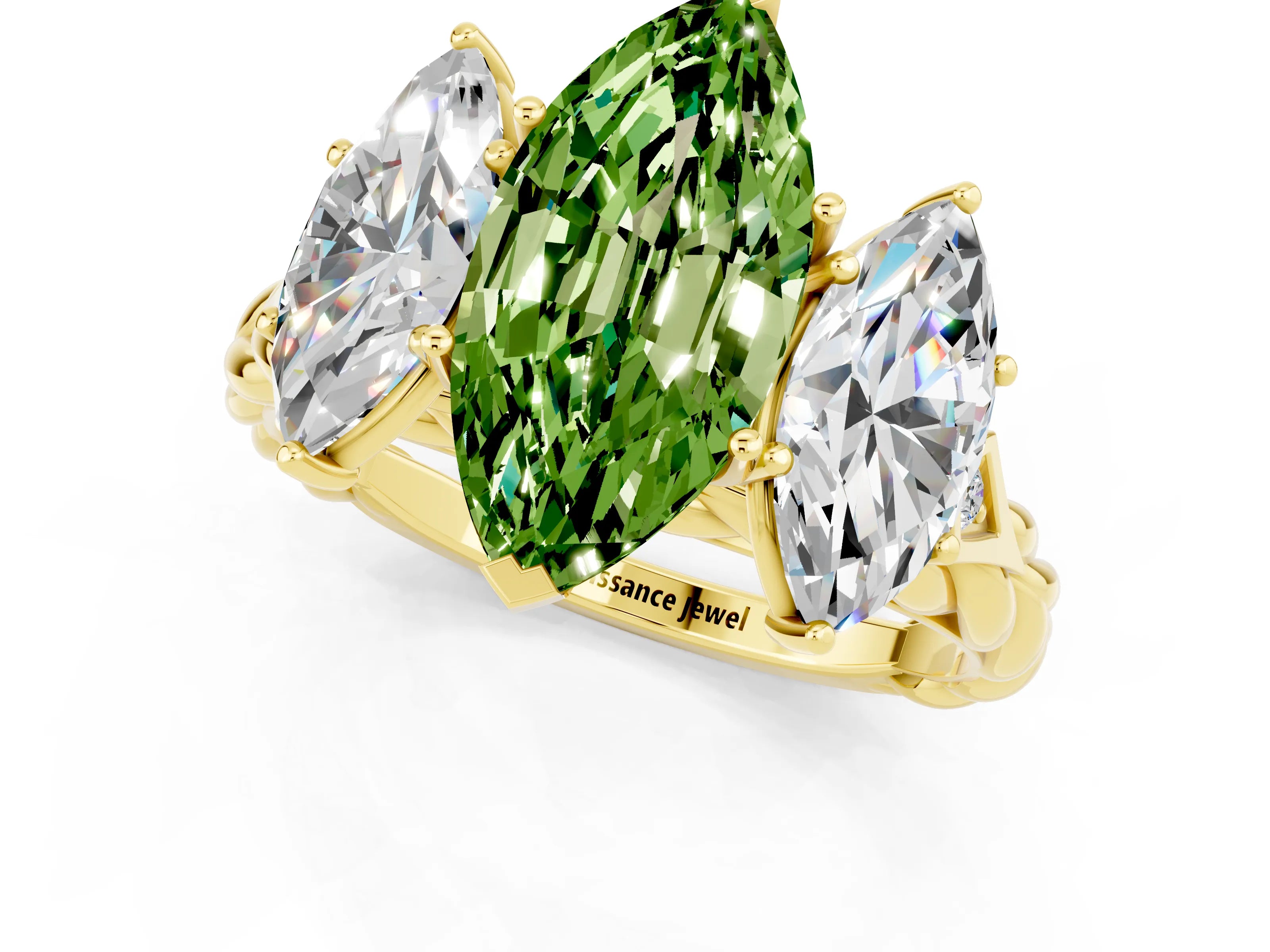Yellow gold Three-Stone Marquise Cut Peridot Braided Band Ring with Four-Prong Setting_13