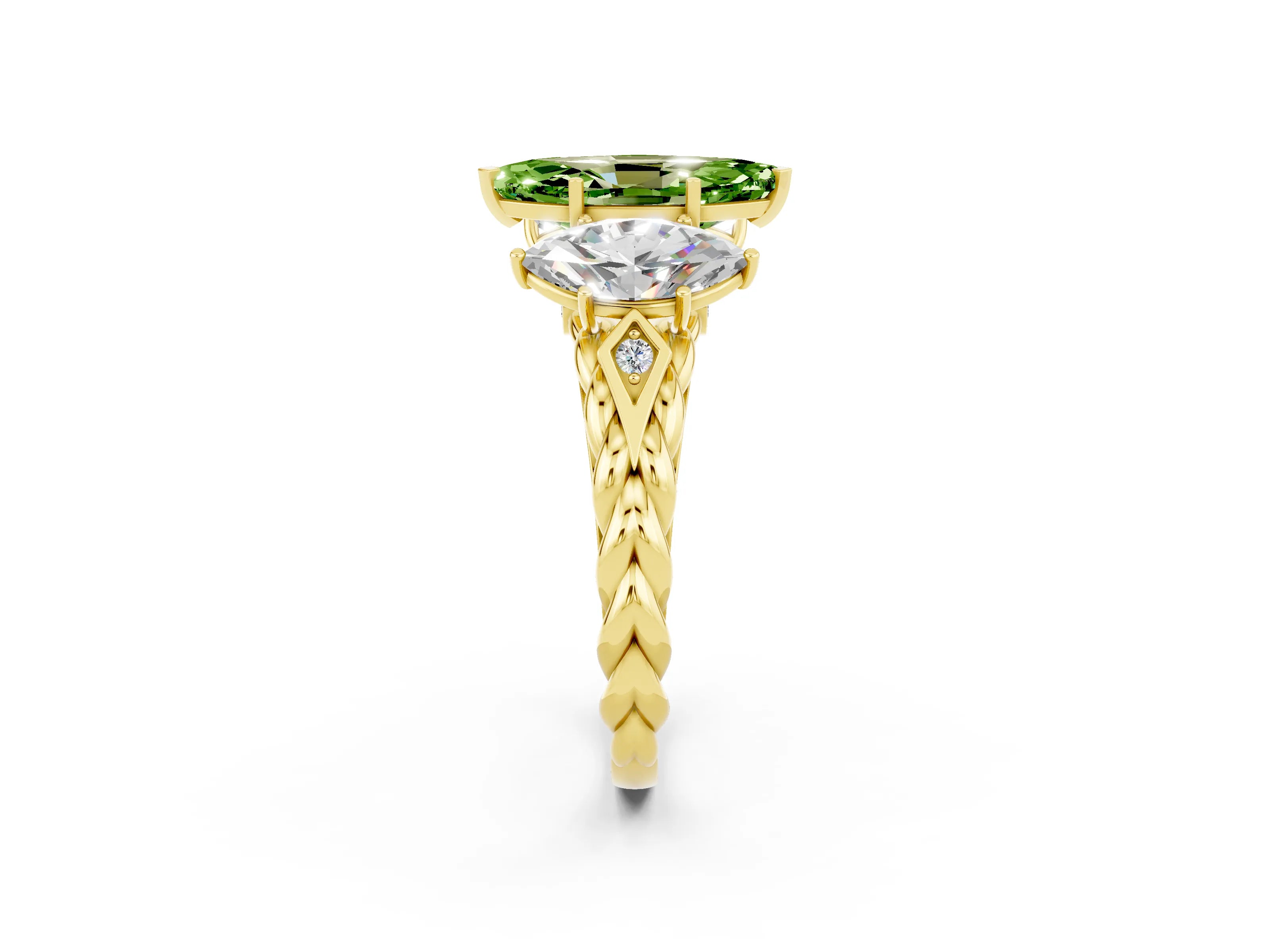 Yellow gold Three-Stone Marquise Cut Peridot Braided Band Ring with Four-Prong Setting_14