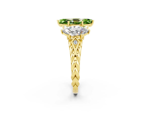 Yellow gold Three-Stone Marquise Cut Peridot Braided Band Ring with Four-Prong Setting