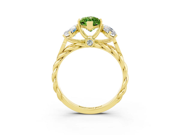 Yellow gold Three-Stone Marquise Cut Peridot Braided Band Ring with Four-Prong Setting