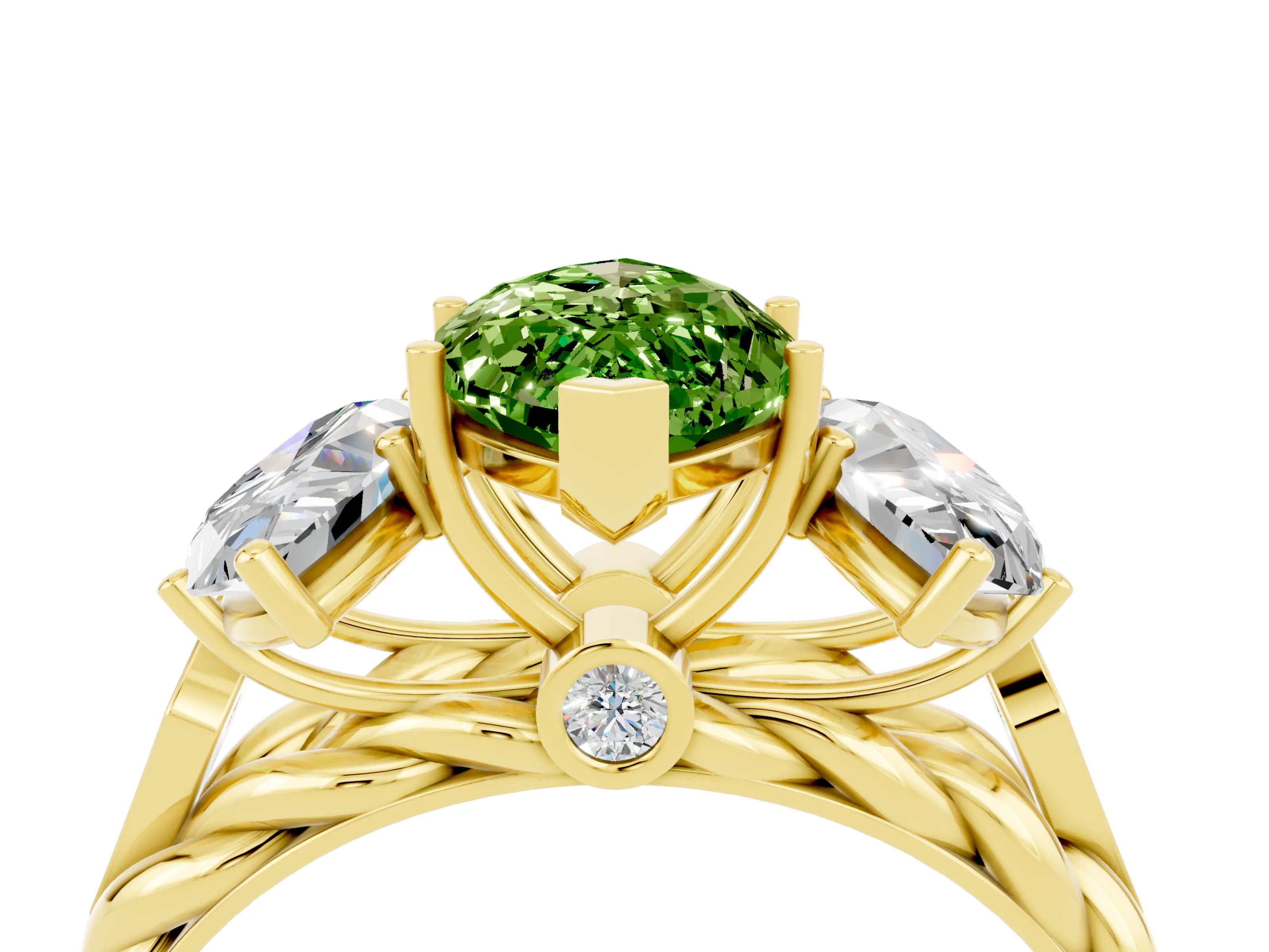Yellow gold Three-Stone Marquise Cut Peridot Braided Band Ring with Four-Prong Setting_16