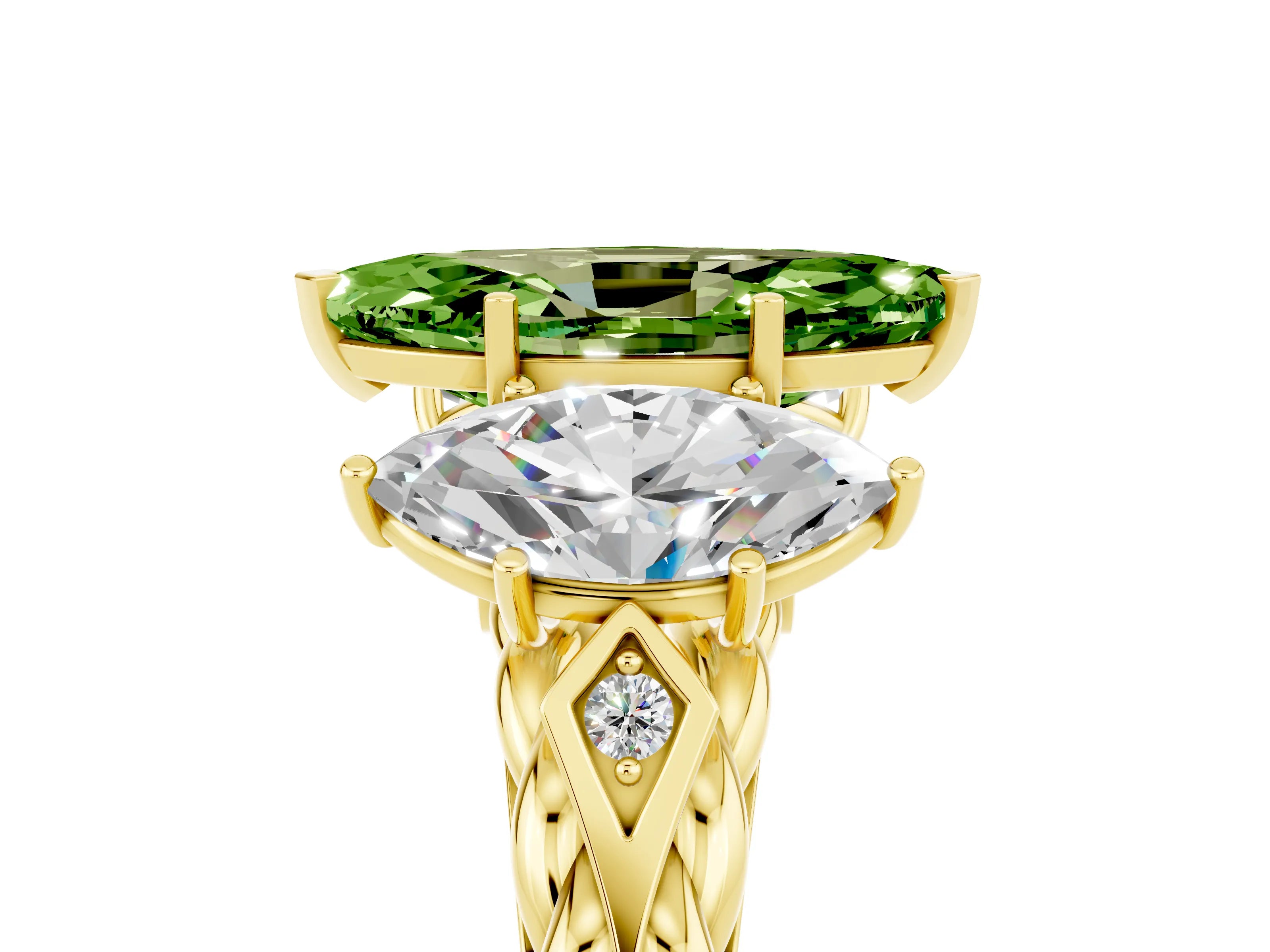 Yellow gold Three-Stone Marquise Cut Peridot Braided Band Ring with Four-Prong Setting_17