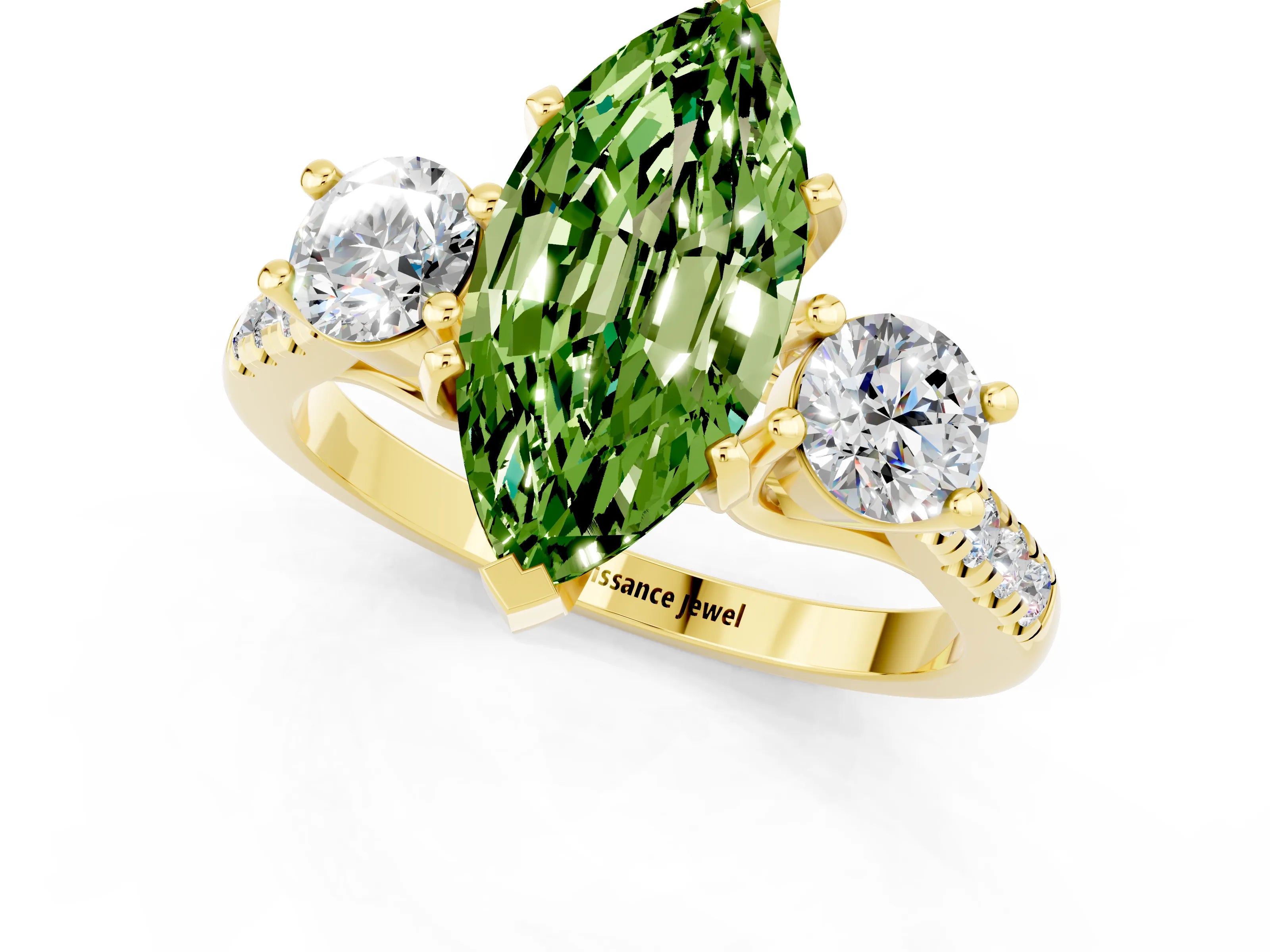 Yellow gold Three-Stone Marquise Cut Peridot Pavé Band with Four-Prong Setting_1