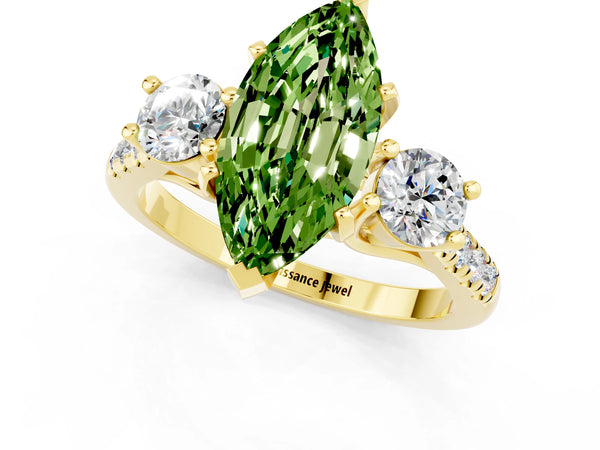 Yellow gold Three-Stone Marquise Cut Peridot Pavé Band with Four-Prong Setting