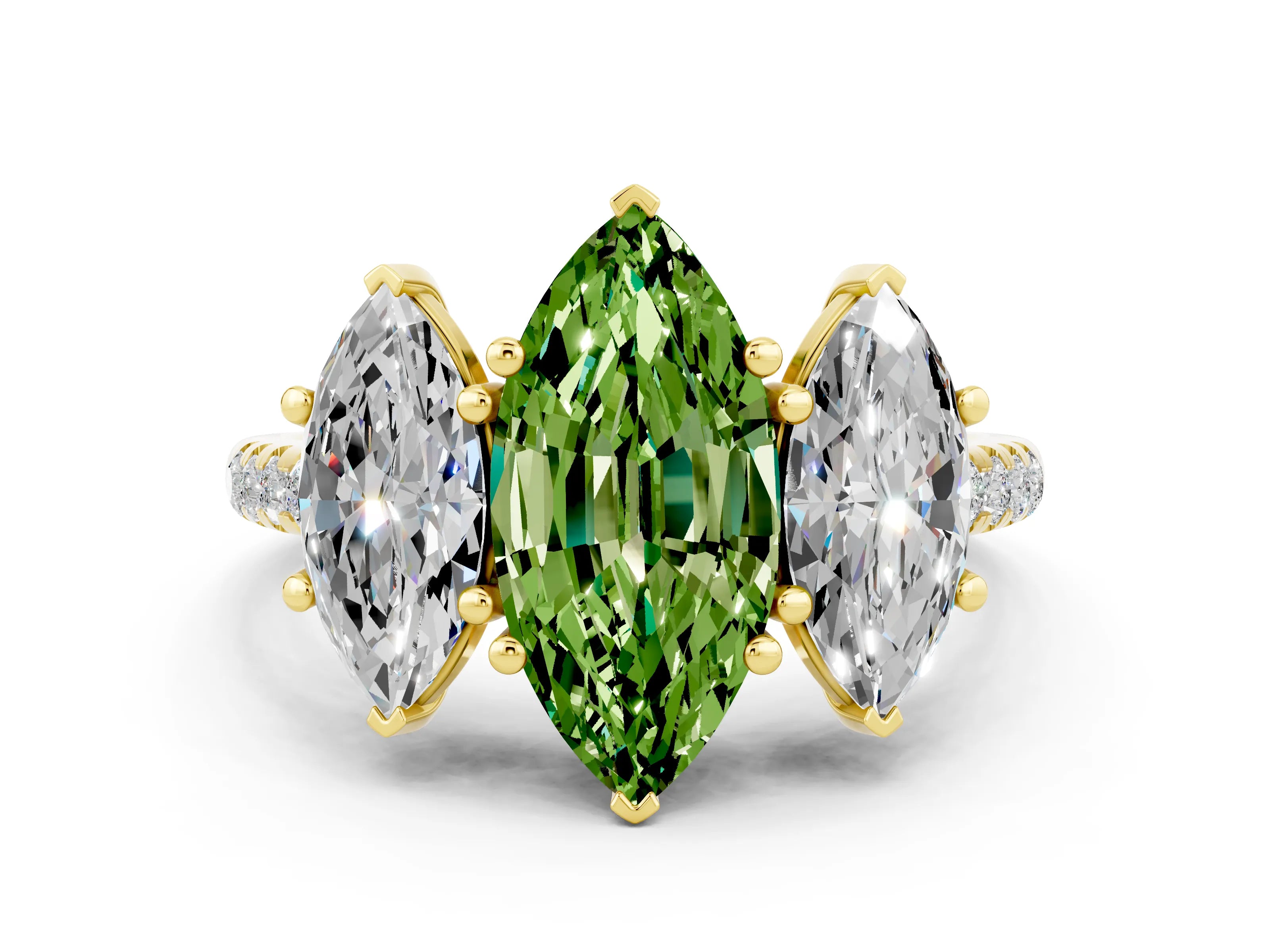 Yellow gold Three-Stone Marquise Cut Peridot Ring with Pavé Band and Prong Setting_12