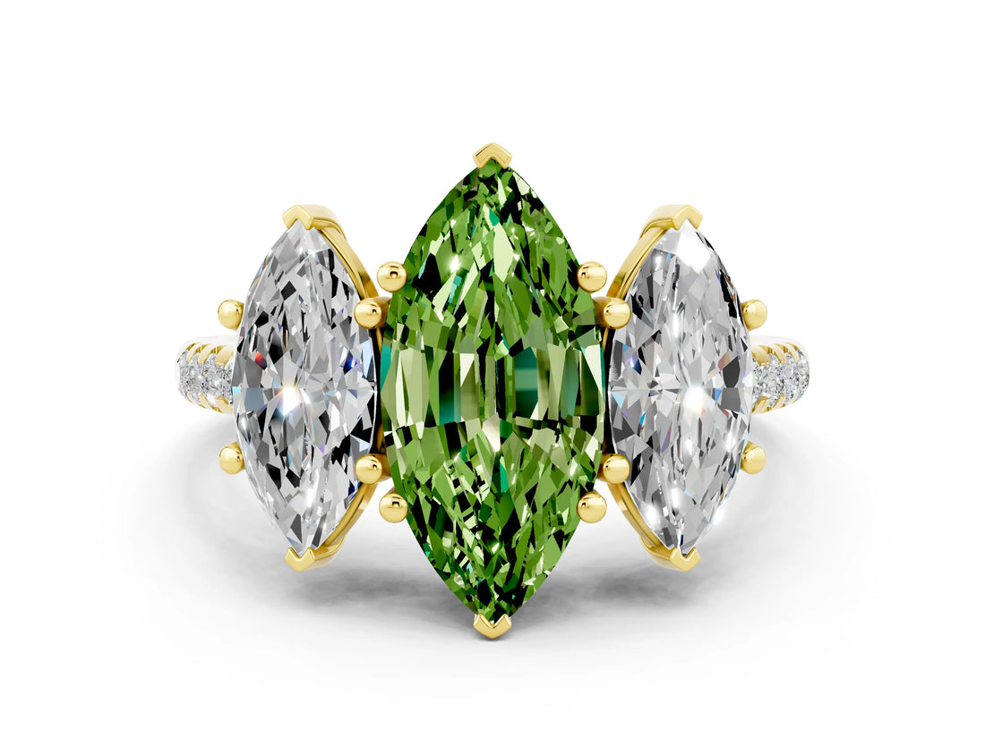 Yellow gold Three-Stone Marquise Cut Peridot Ring with Pavé Band and Prong Setting_12