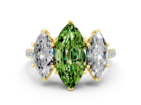 Yellow gold Three-Stone Marquise Cut Peridot Ring with Pavé Band and Prong Setting_12