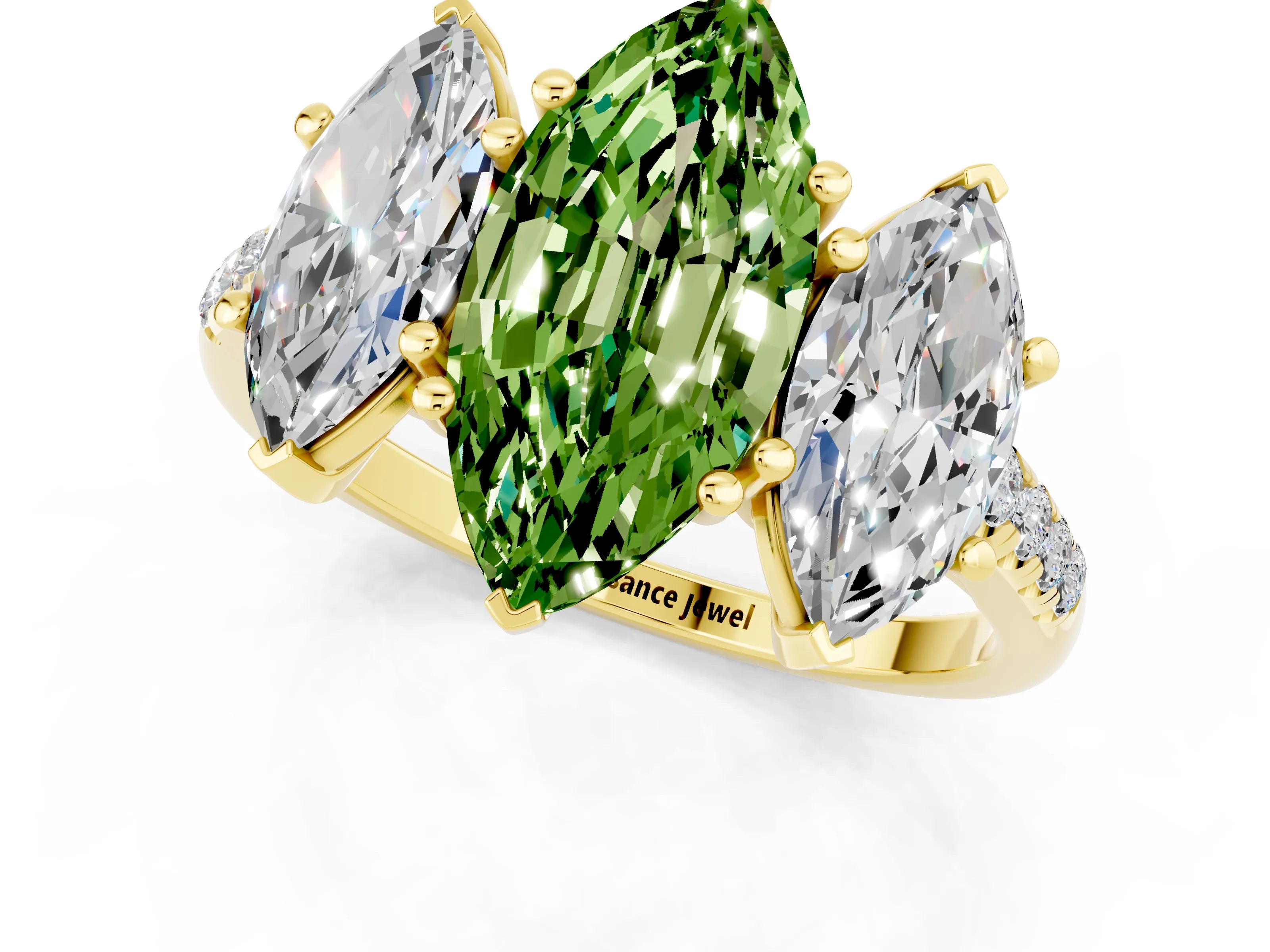 Yellow gold Three-Stone Marquise Cut Peridot Ring with Pavé Band and Prong Setting_13