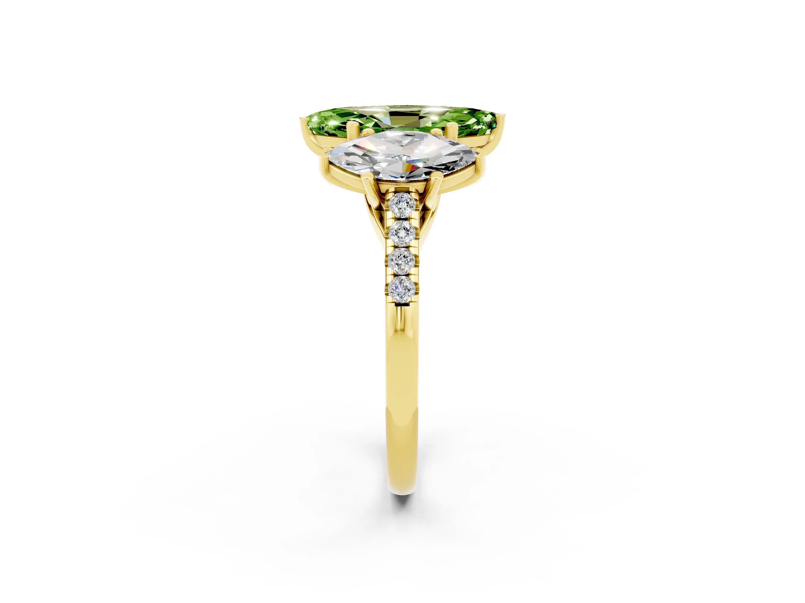 Yellow gold Three-Stone Marquise Cut Peridot Ring with Pavé Band and Prong Setting_14