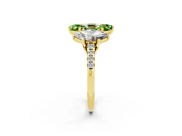 Yellow gold Three-Stone Marquise Cut Peridot Ring with Round  Pavé Band and Prong Setting