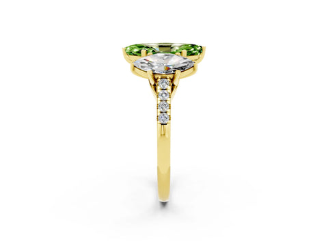 Yellow gold Three-Stone Marquise Cut Peridot Ring with Pavé Band and Prong Setting_14