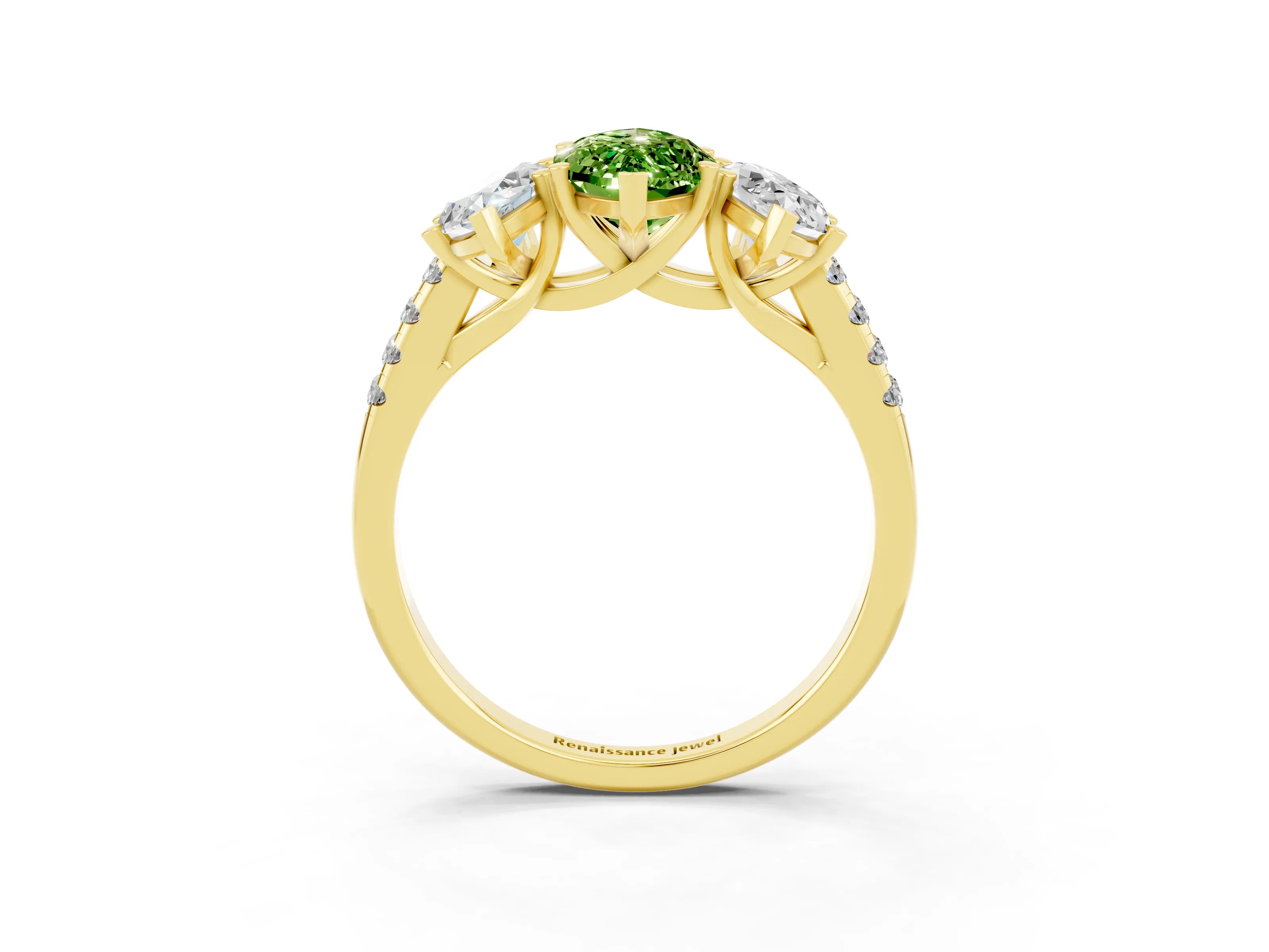 Yellow gold Three-Stone Marquise Cut Peridot Ring with Pavé Band and Prong Setting_15