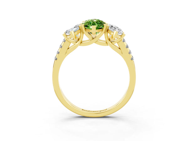 Yellow gold Three-Stone Marquise Cut Peridot Ring with Round  Pavé Band and Prong Setting