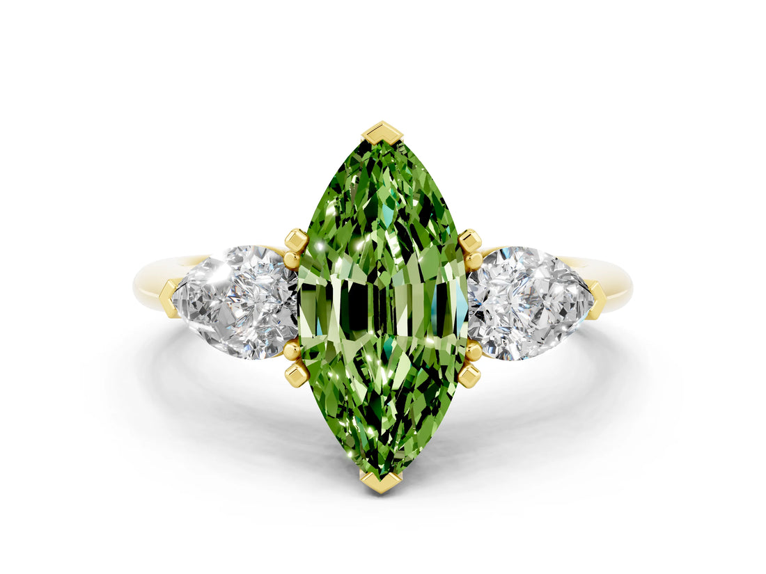 Yellow gold Three-Stone Marquise Cut Peridot Ring with Pear Side Stones and Four-Prong Setting