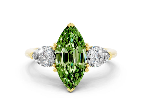 Yellow gold Three-Stone Marquise Cut Peridot Ring with Pear Side Stones and Four-Prong Setting