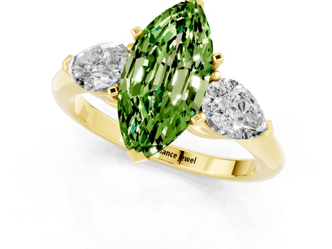 Yellow gold Three-Stone Marquise Cut Peridot Ring with Pear Side Stones and Four-Prong Setting_1