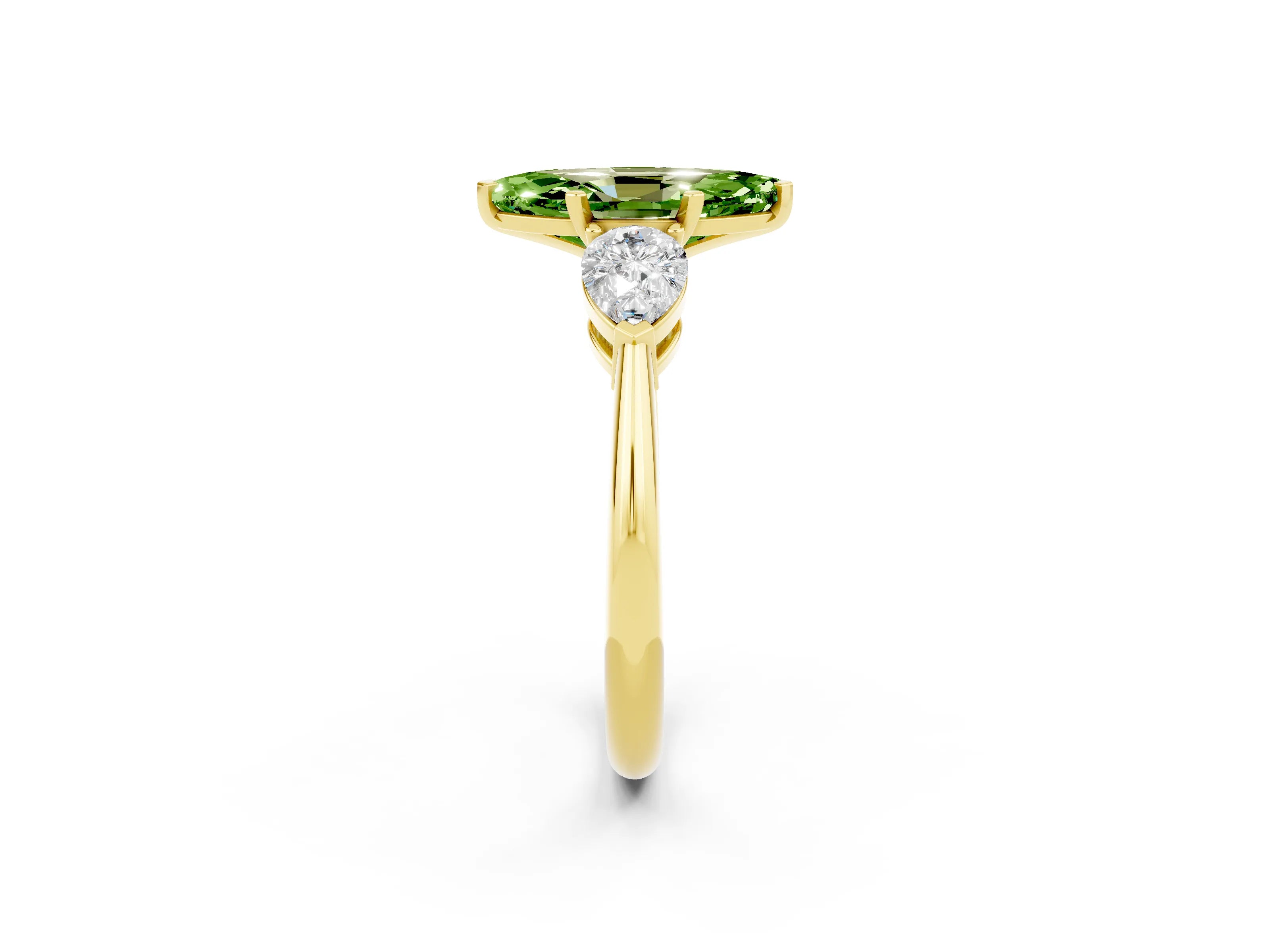 Yellow gold Three-Stone Marquise Cut Peridot Ring with Pear Side Stones and Four-Prong Setting_2