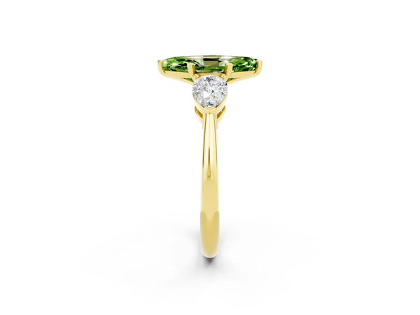 Yellow gold Three-Stone Marquise Cut Peridot Ring with Pear Side Stones and Four-Prong Setting