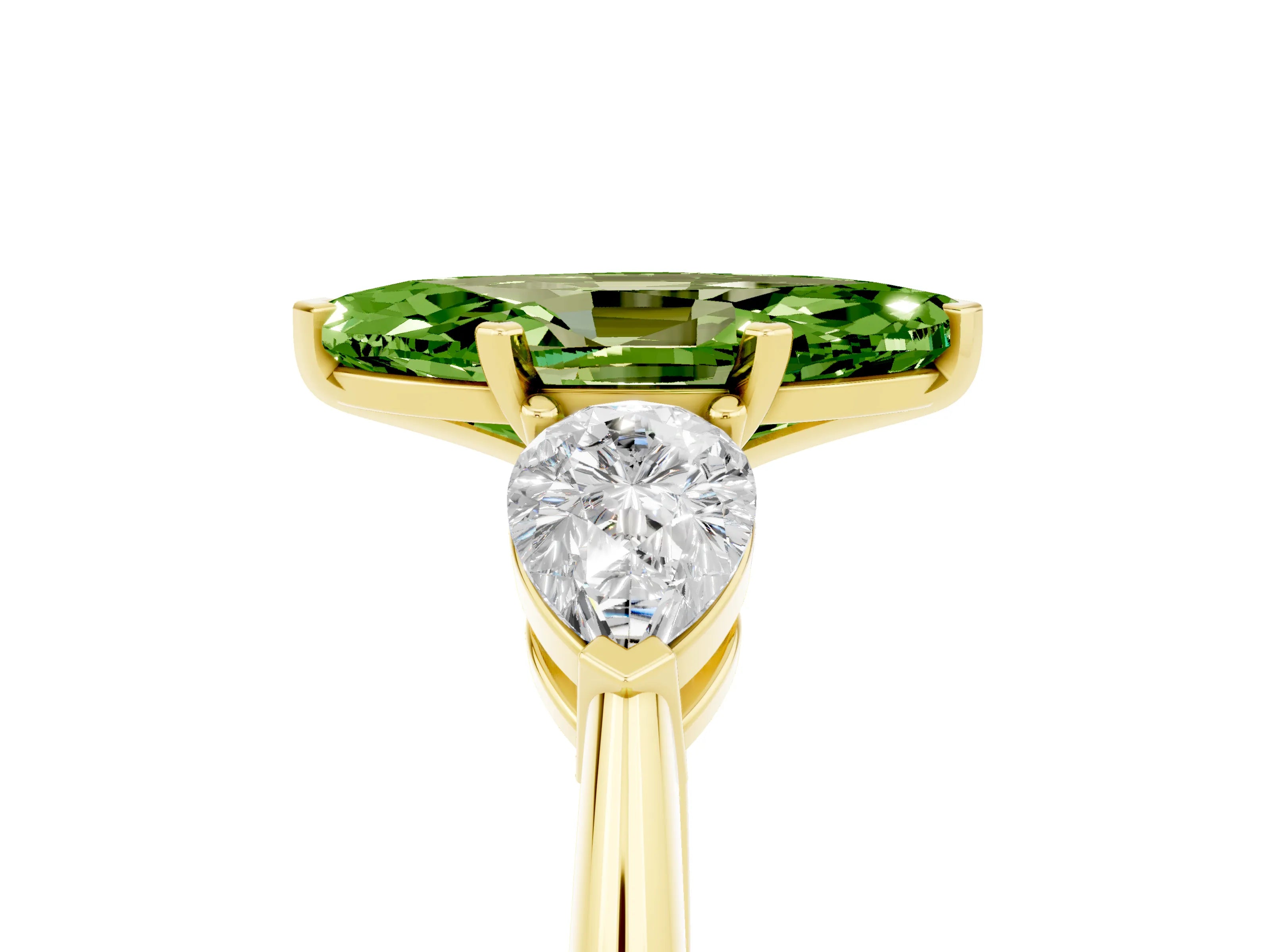 Yellow gold Three-Stone Marquise Cut Peridot Ring with Pear Side Stones and Four-Prong Setting_5