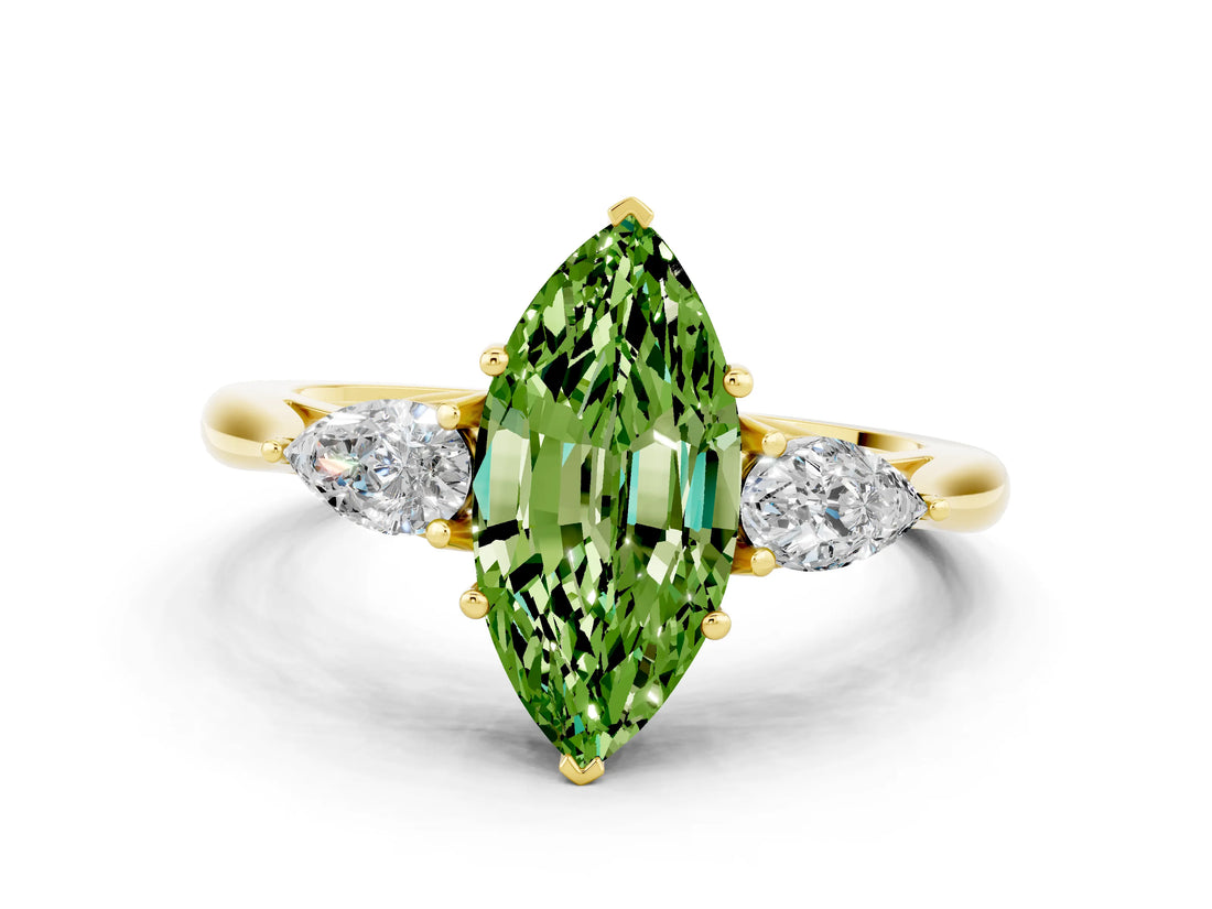 Yellow gold Three-Stone Marquise Cut Peridot Ring with Pear  Side Stones in Four-Prong Setting_12