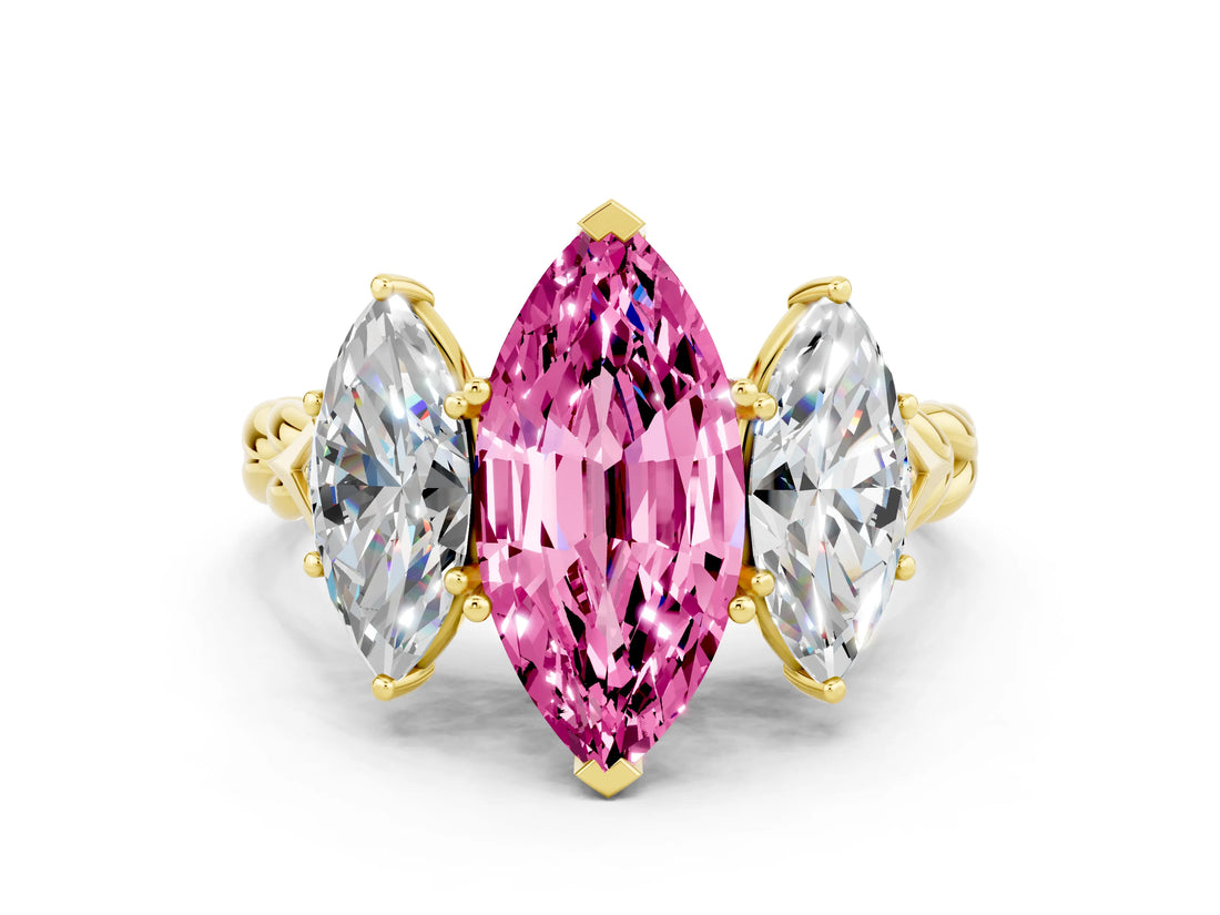 Yellow gold Three-Stone Marquise Cut Pink Sapphire Braided Band Ring with Four-Prong Setting_36