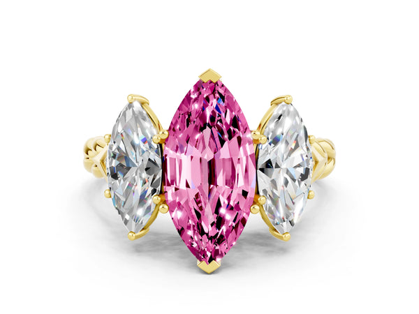 Yellow gold Three-Stone Marquise Cut Pink Sapphire Braided Band Ring with Four-Prong Setting