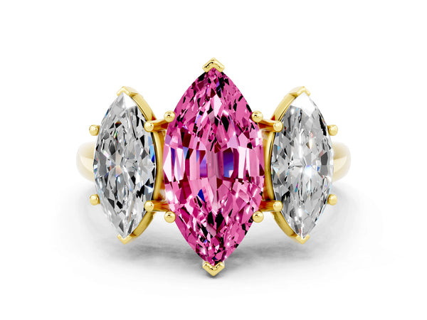 Yellow gold Three-Stone Marquise Cut Pink Sapphire Engagement Ring with Prong Setting