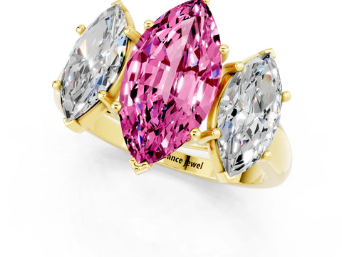 Yellow gold Three-Stone Marquise Cut Pink Sapphire Engagement Ring with Prong Setting_1