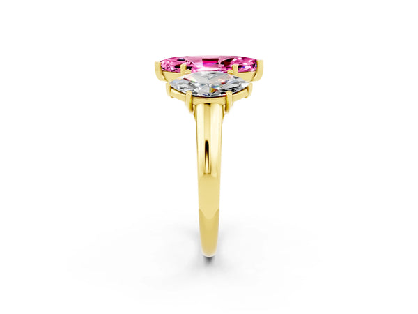 Yellow gold Three-Stone Marquise Cut Pink Sapphire Engagement Ring with Prong Setting