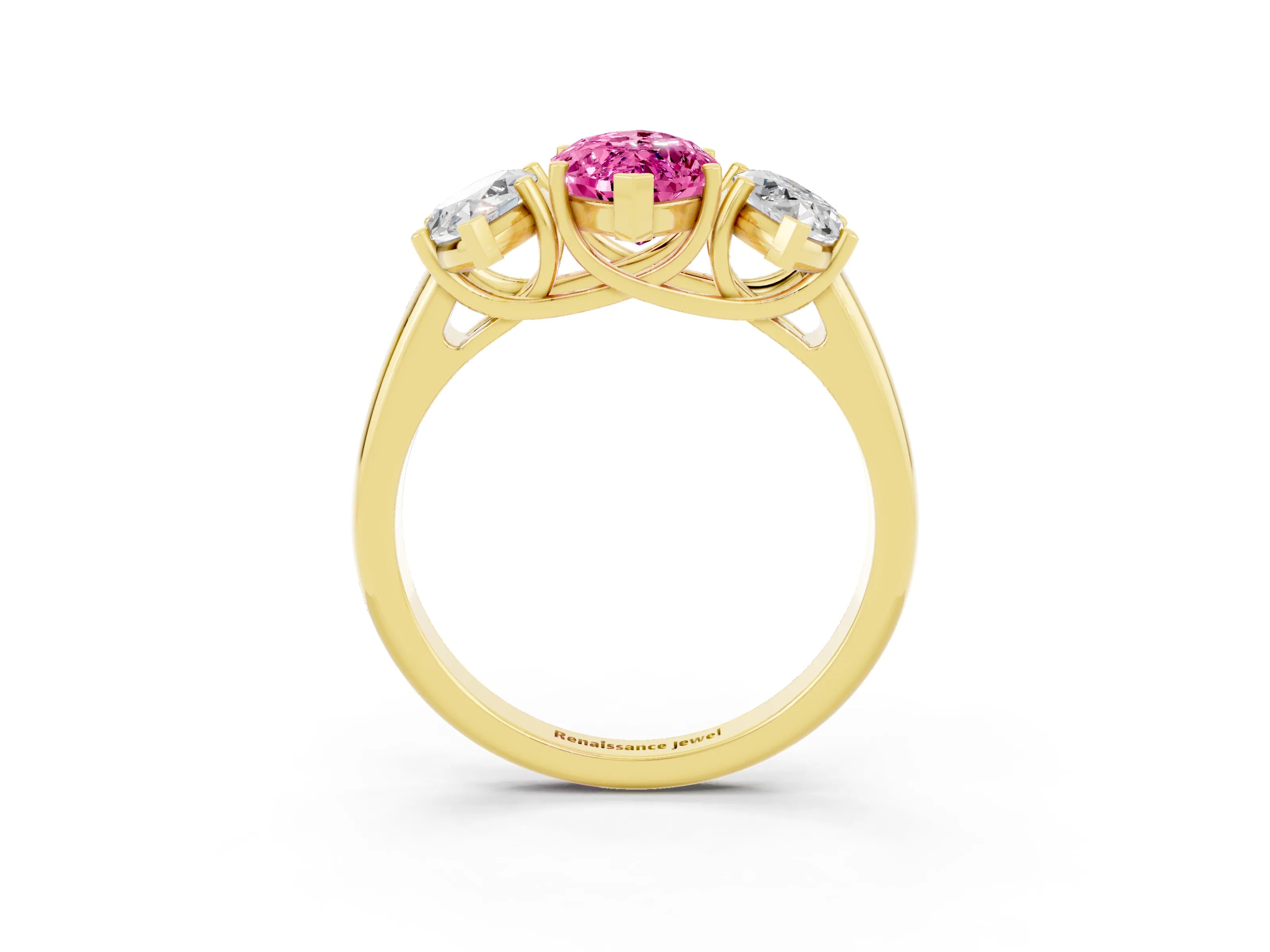 Yellow gold Three-Stone Marquise Cut Pink Sapphire Engagement Ring with Prong Setting_3