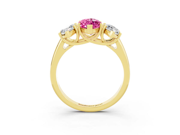 Yellow gold Three-Stone Marquise Cut Pink Sapphire Engagement Ring with Prong Setting