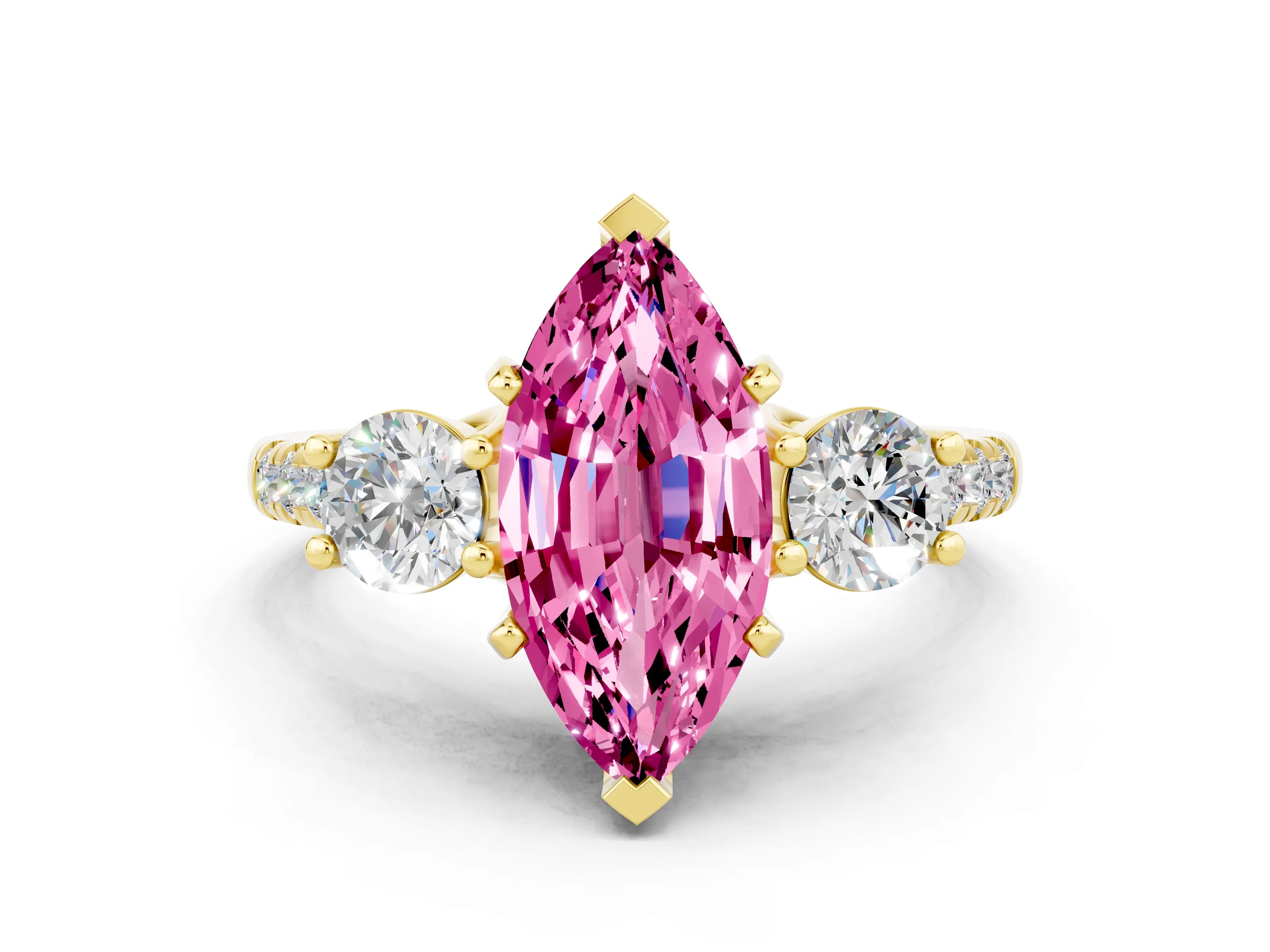 Yellow gold Three-Stone Marquise Cut Pink Sapphire Pavé Band with Four-Prong Setting_24