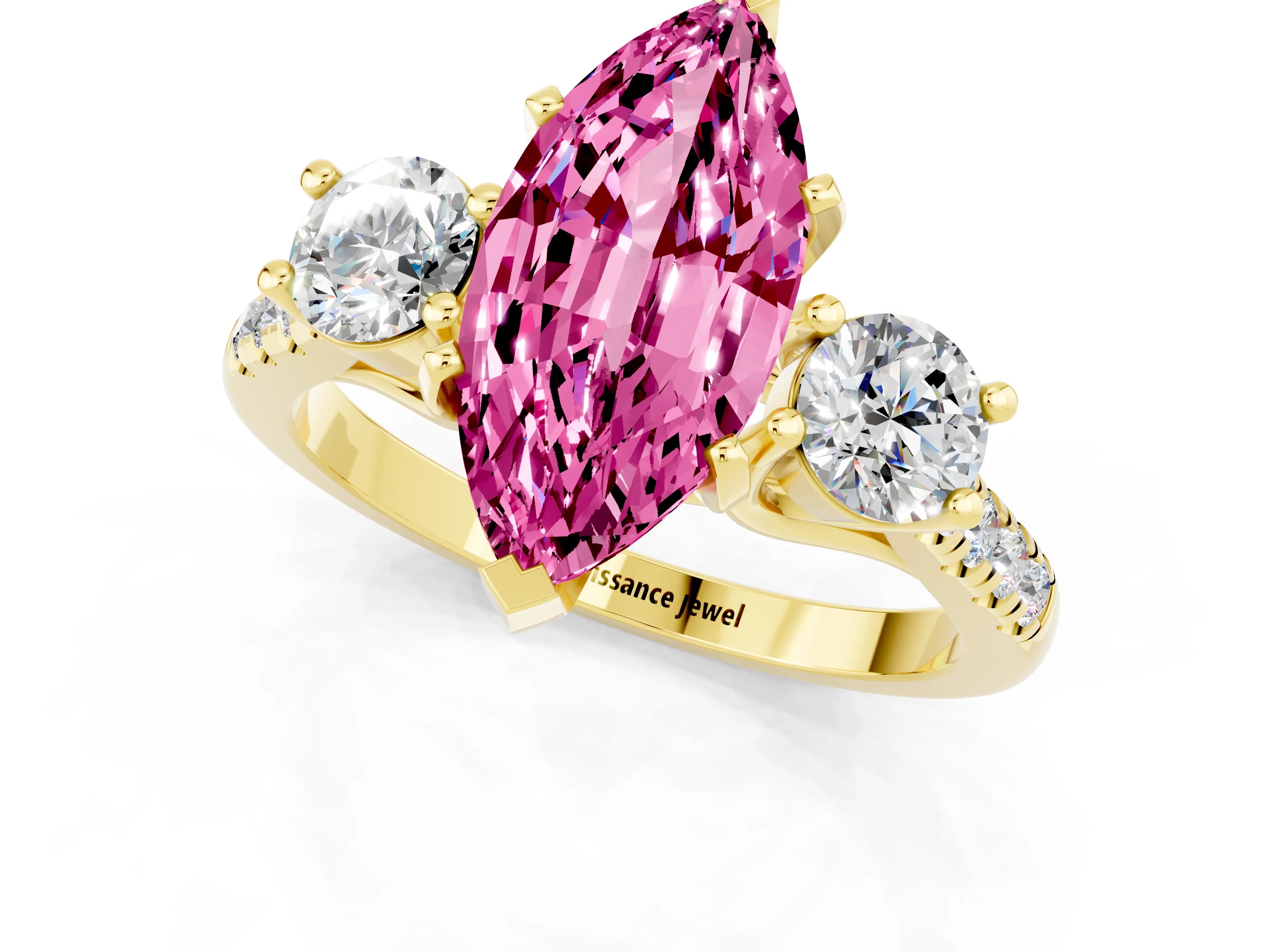 Yellow gold Three-Stone Marquise Cut Pink Sapphire Pavé Band with Four-Prong Setting_25