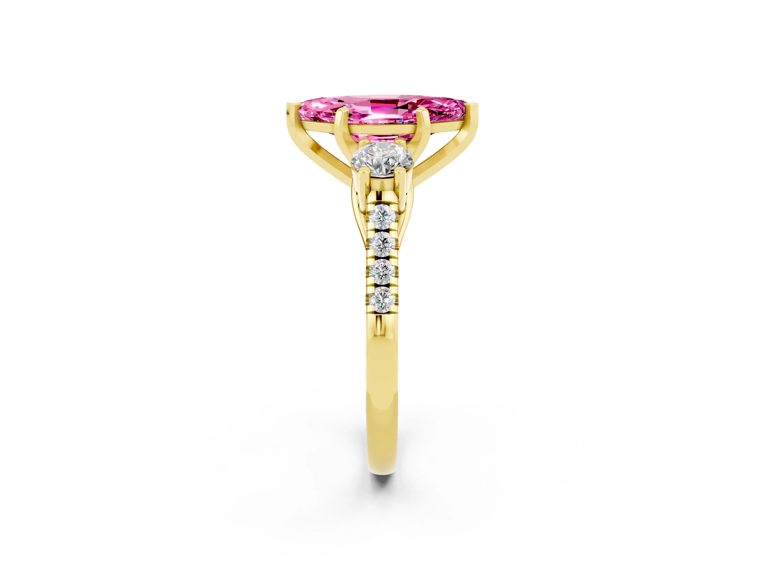 Yellow gold Three-Stone Marquise Cut Pink Sapphire Pavé Band with Four-Prong Setting_26