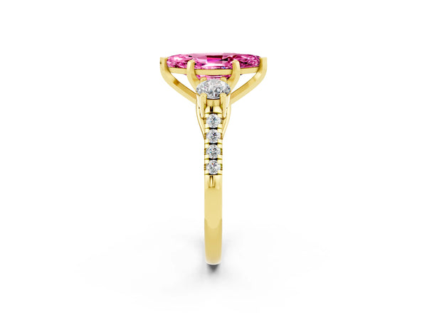 Yellow gold Three-Stone Marquise Cut Pink Sapphire Pavé Band with Four-Prong Setting