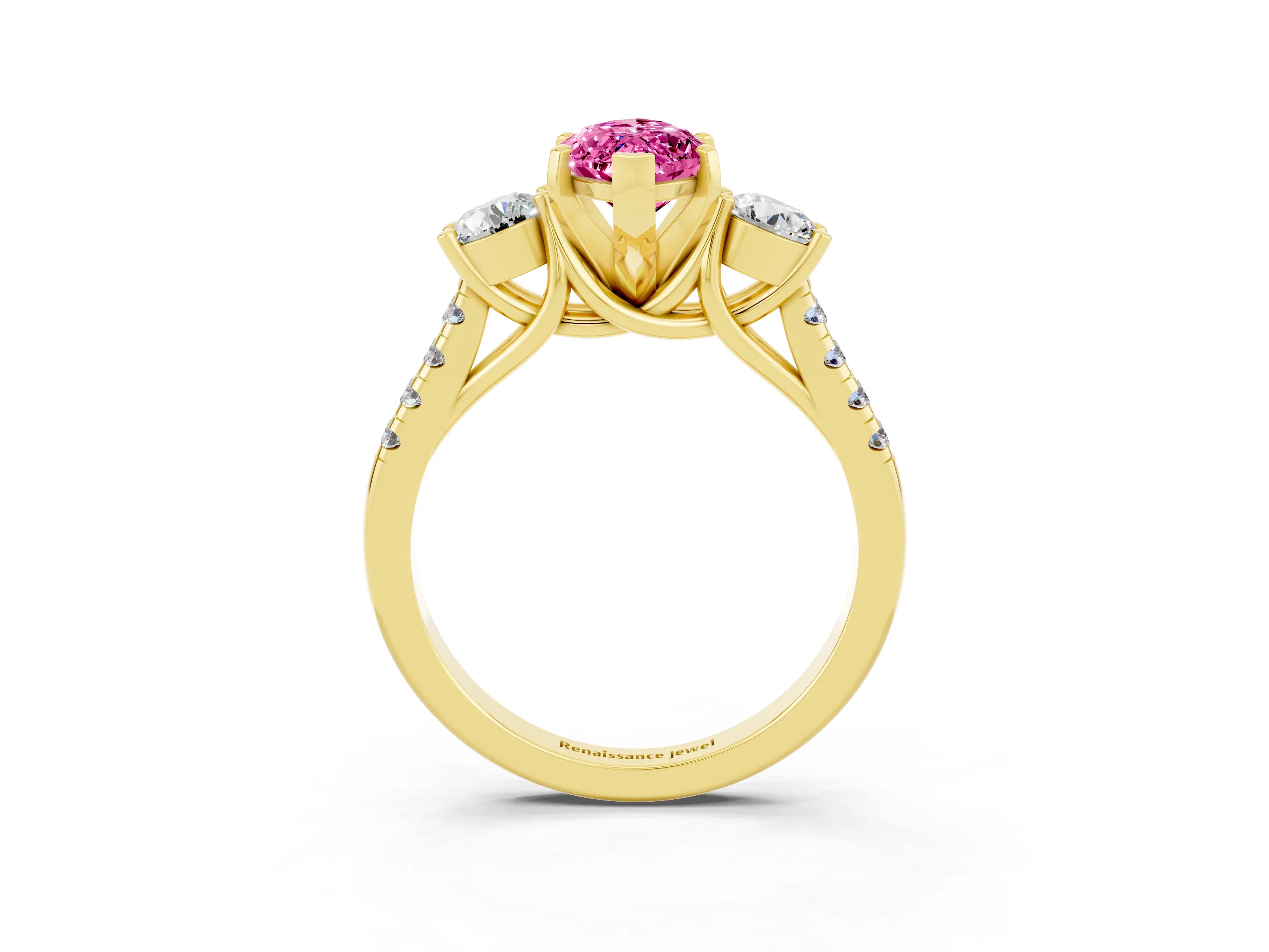 Yellow gold Three-Stone Marquise Cut Pink Sapphire Pavé Band with Four-Prong Setting_27