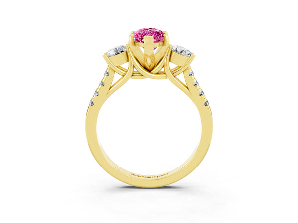 Yellow gold Three-Stone Marquise Cut Pink Sapphire Pavé Band with Four-Prong Setting