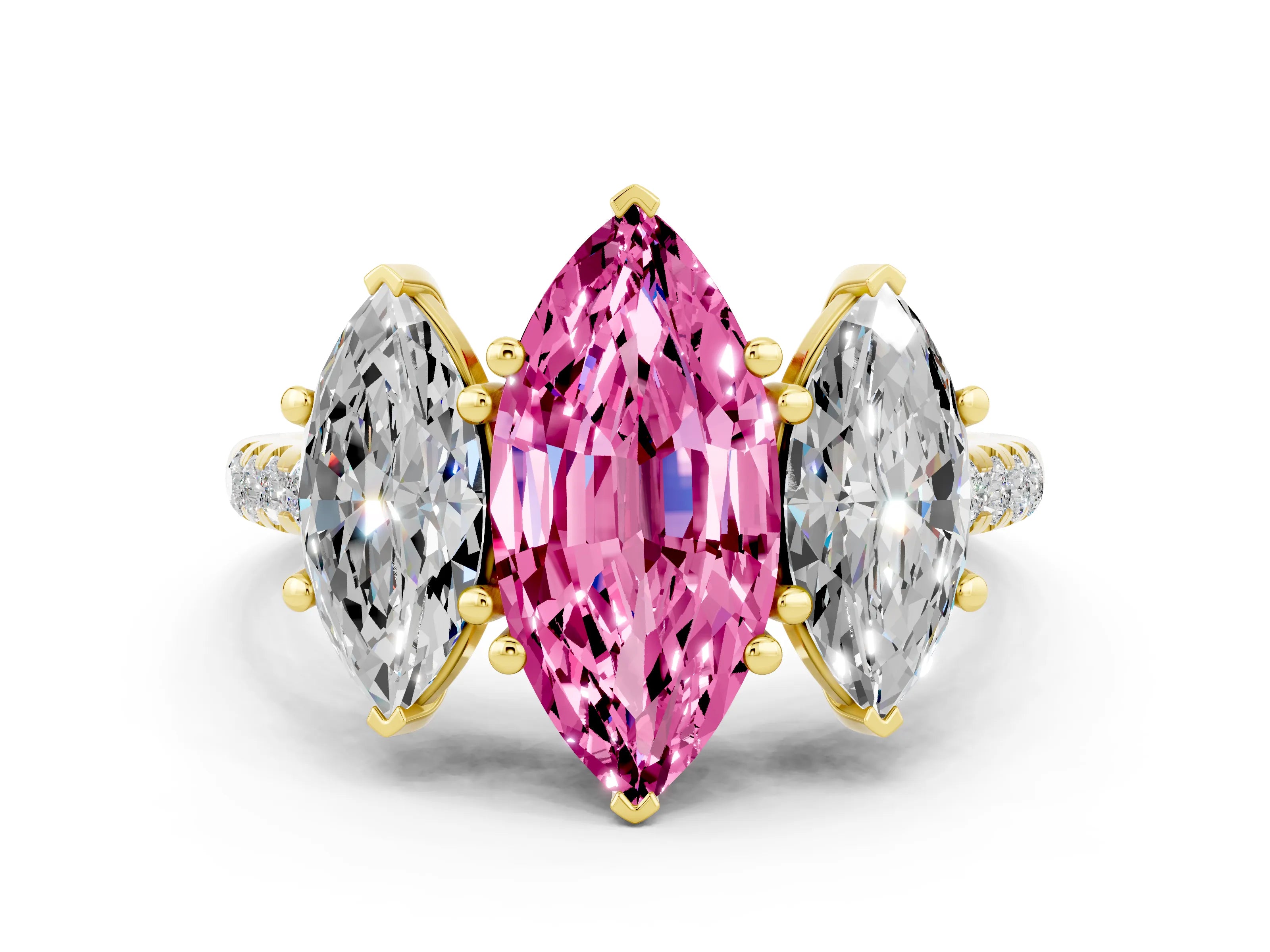 Yellow gold Three-Stone Marquise Cut Pink Sapphire Ring with Pavé Band and Prong Setting_36