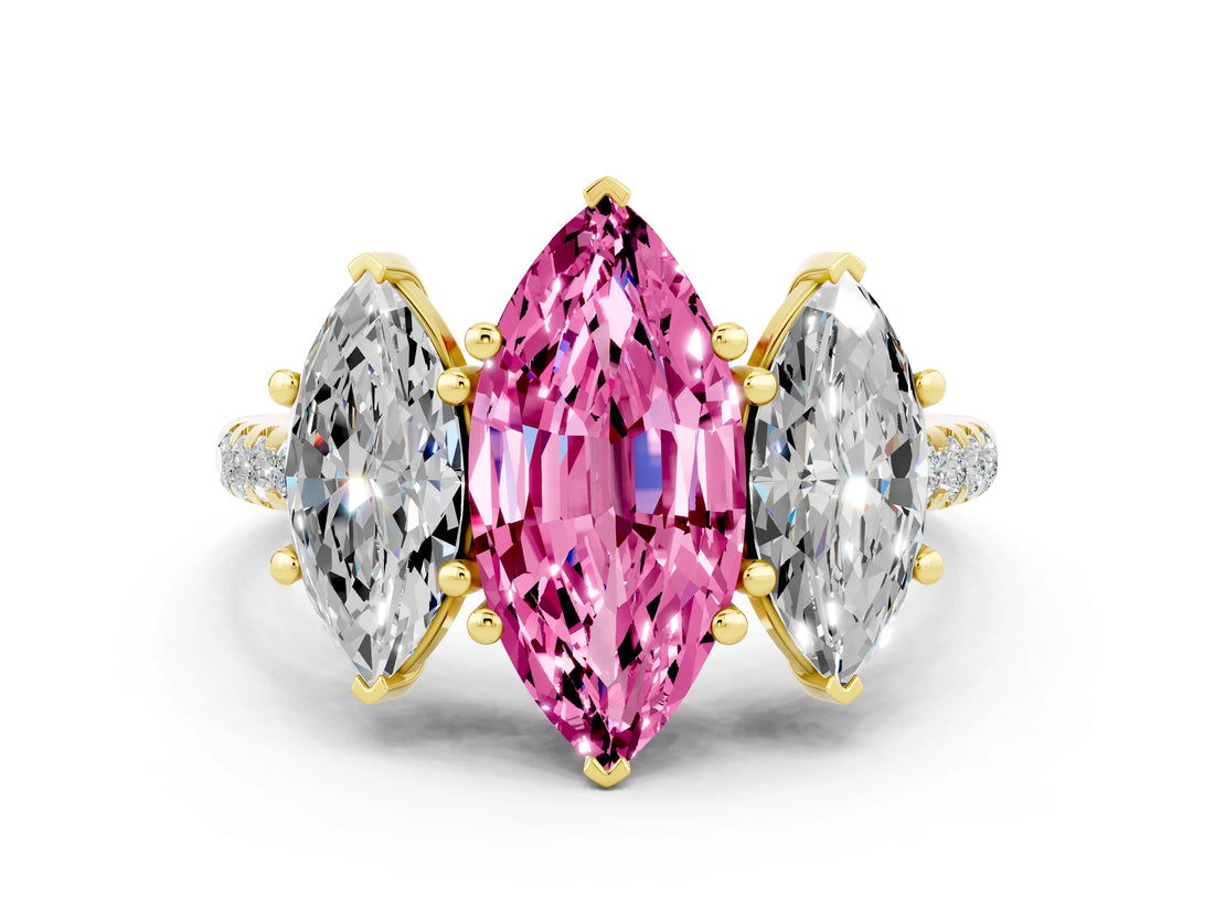 Yellow gold Three-Stone Marquise Cut Pink Sapphire Ring with Pavé Band and Prong Setting_36