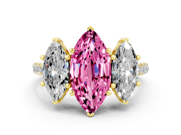 Yellow gold Three-Stone Marquise Cut Pink Sapphire Ring with Round  Pavé Band and Prong Setting