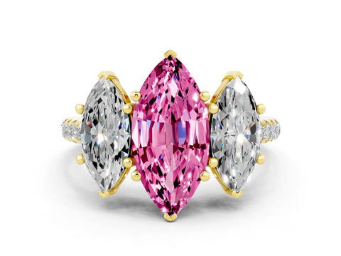 Yellow gold Three-Stone Marquise Cut Pink Sapphire Ring with Pavé Band and Prong Setting_36