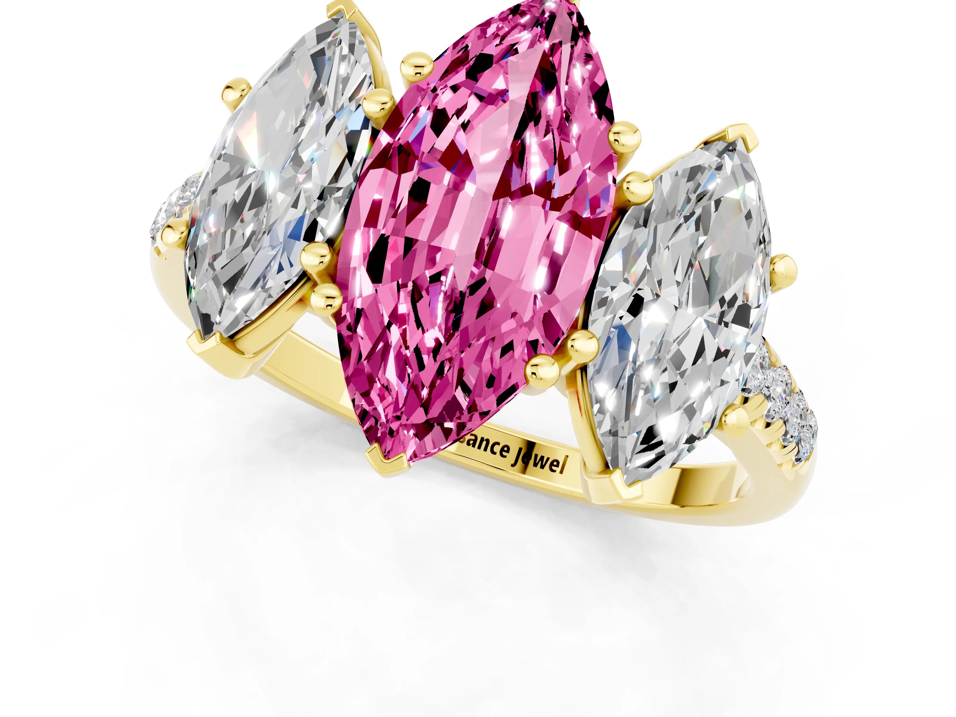 Yellow gold Three-Stone Marquise Cut Pink Sapphire Ring with Pavé Band and Prong Setting_37