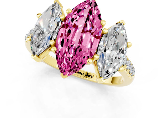 Yellow gold Three-Stone Marquise Cut Pink Sapphire Ring with Round  Pavé Band and Prong Setting