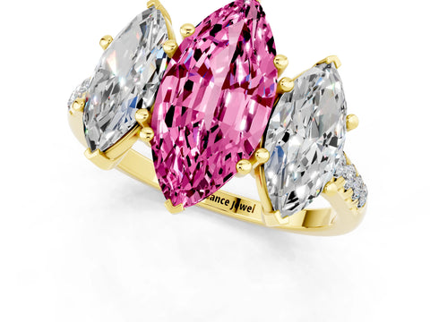 Yellow gold Three-Stone Marquise Cut Pink Sapphire Ring with Pavé Band and Prong Setting_37