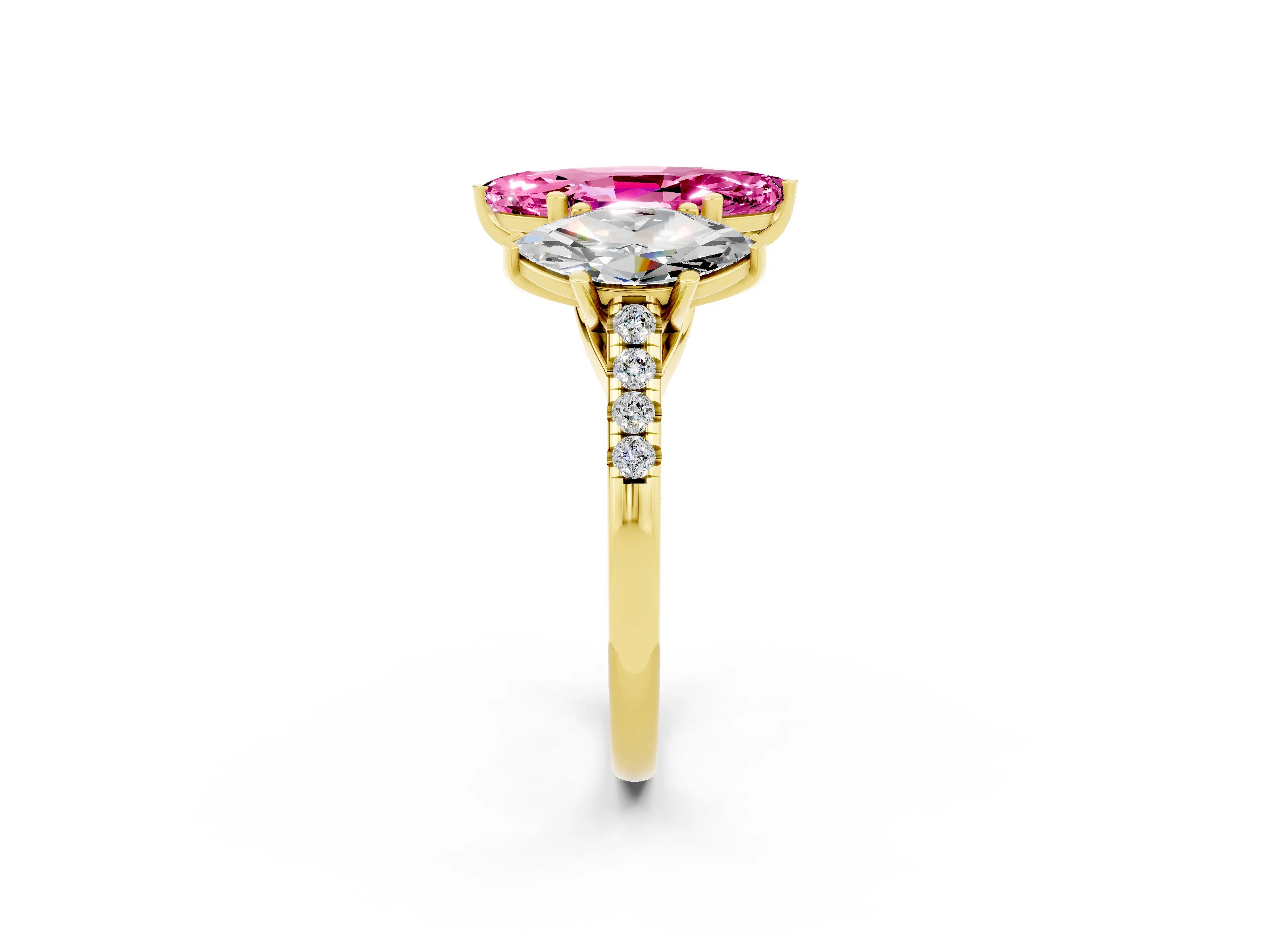 Yellow gold Three-Stone Marquise Cut Pink Sapphire Ring with Pavé Band and Prong Setting_38