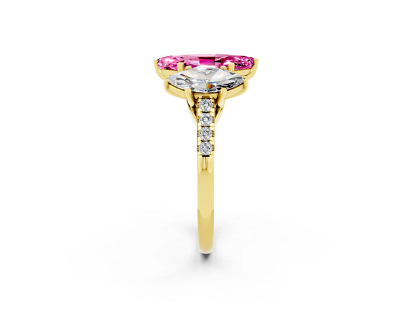 Yellow gold Three-Stone Marquise Cut Pink Sapphire Ring with Round  Pavé Band and Prong Setting