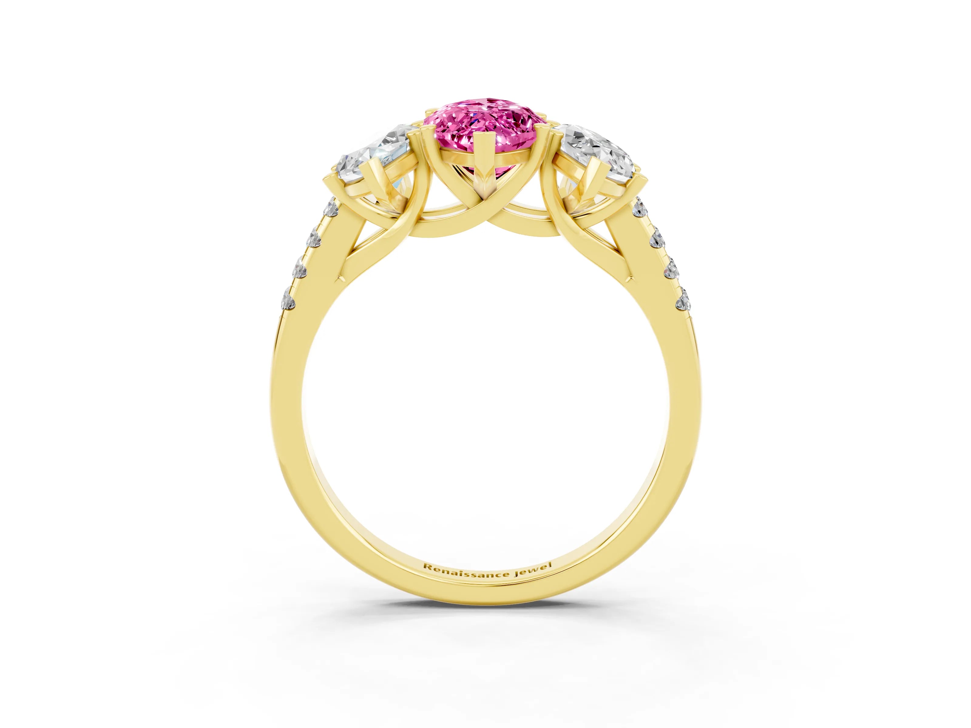 Yellow gold Three-Stone Marquise Cut Pink Sapphire Ring with Pavé Band and Prong Setting_39
