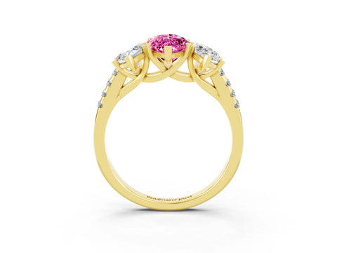 Yellow gold Three-Stone Marquise Cut Pink Sapphire Ring with Pavé Band and Prong Setting_39