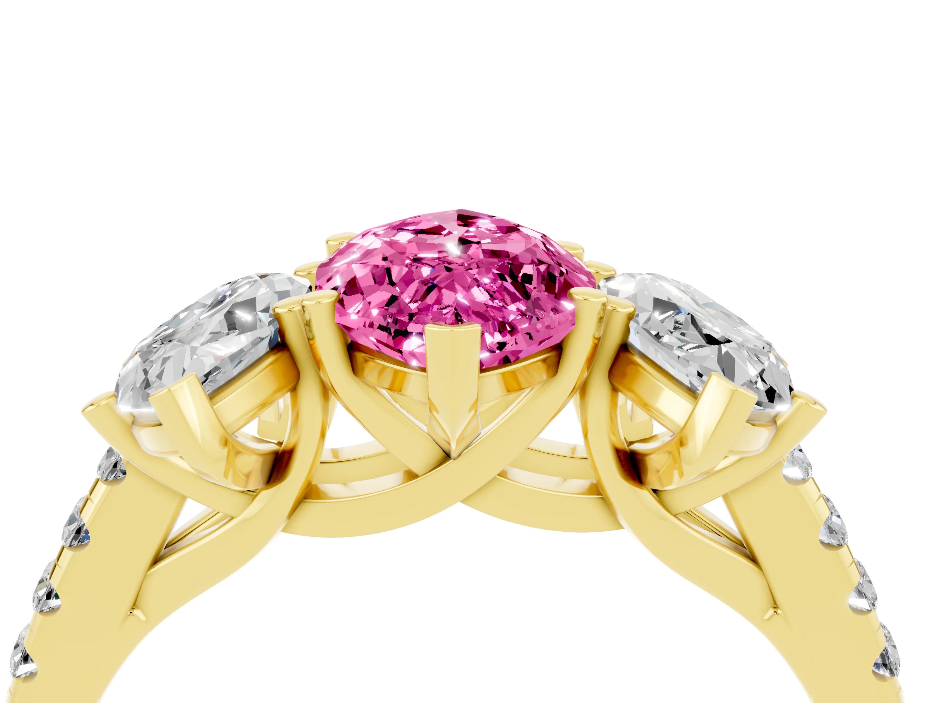 Yellow gold Three-Stone Marquise Cut Pink Sapphire Ring with Pavé Band and Prong Setting_40