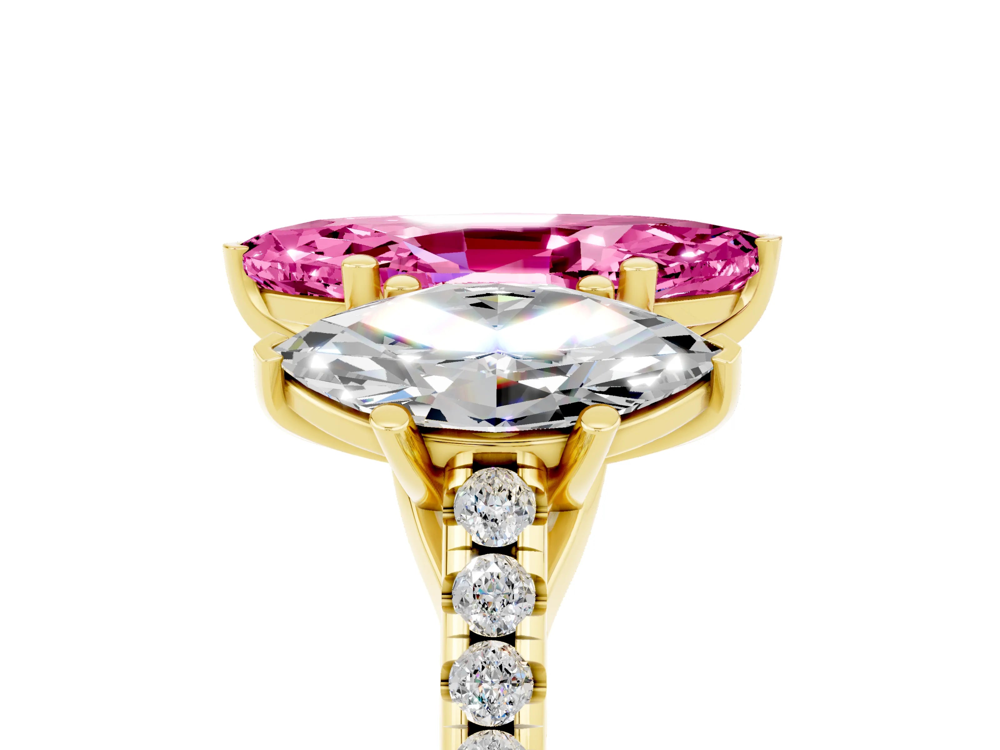 Yellow gold Three-Stone Marquise Cut Pink Sapphire Ring with Pavé Band and Prong Setting_41